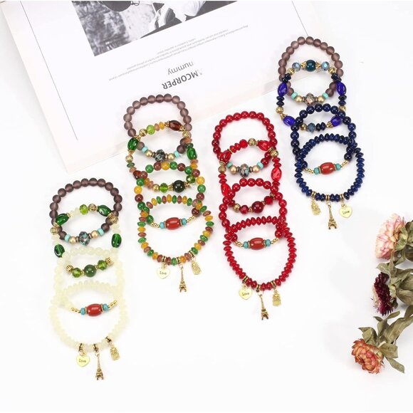 Bohemian Multilayer Glass Beaded Rubber Rope Chain Charm Stackable Bracelets - Picture 9 of 9